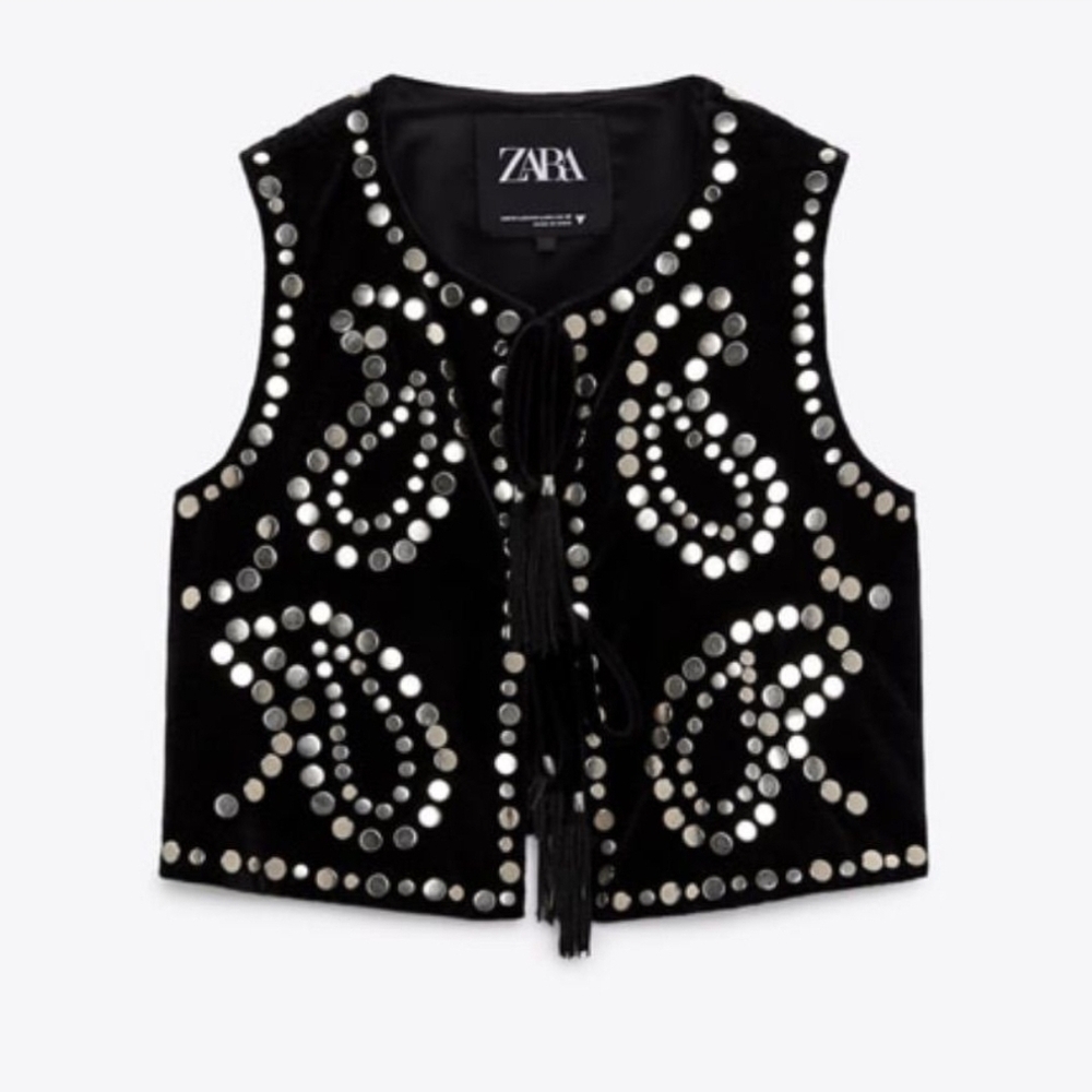 Zara Black Faux Suede Velvet Studded Retro Rock Bohemian Vest